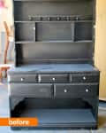 Black wooden hutch with shelves and drawers, labeled "before."