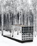 Modern mirrored structure in a snowy birch forest, reflecting trees.