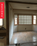 Empty room with exposed wooden studs, bay window with blinds, and light wood flooring, labeled "Before" in red.