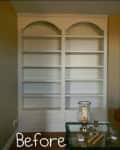 Empty white built-in bookshelves with arched tops in a beige room, labeled "Before."