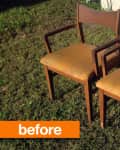Two wooden chairs with mustard yellow cushions on grass, labeled "before."