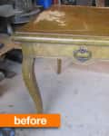 Worn wooden side table with curved legs and a single drawer, labeled "before."