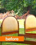 Three vintage wooden bed frames with curved headboards on a grassy lawn.