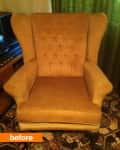 Wingback chair with tufted backrest in mustard fabric on patterned carpet, labeled "before."