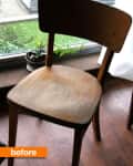 Wooden chair by a window with potted plants on the sill, labeled "before."
