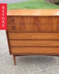 Mid-century wooden dresser with four drawers and metal handles, labeled "Before," on a driveway near grass.