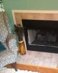 Tiled fireplace with black trim, peacock feathers in a vase, and patterned armchair in a living room.
