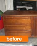 Mid-century modern wooden dresser with six drawers and central cabinet, labeled "before" in orange text.