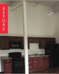 Loft kitchen with dark wood cabinets, black appliances, and exposed pipes, labeled "Before."