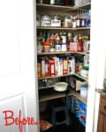 Cluttered pantry with canned goods, cereal boxes, and labeled jars on shelves, with "Before" text in red.