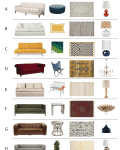 Collage of various furniture and decor items, including sofas, rugs, lamps, and tables in diverse colors and styles.