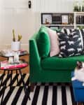 Green velvet sofa with patterned pillows, a fluffy cat on a blue ottoman, and bookshelves in a cozy living room.
