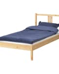 Wooden single bed frame with blue bedding and pillow.