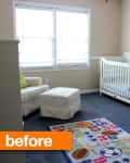 Nursery with white crib, armchair, ottoman, sports-themed rug, and large soccer ball decor.