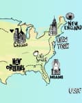 Illustrated map of the USA highlighting San Francisco, Southwest, Chicago, New Orleans, Miami, New York, and New England.