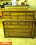 Wooden dresser with multiple drawers in a kitchen setting, labeled "before."