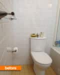 Small bathroom with white tiled walls, toilet, and toiletries on top.