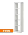 Tall white shelving unit with five open compartments, labeled "before" in orange.