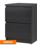 Dark wood two-drawer nightstand with "before" label in orange.