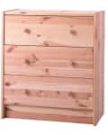 Three-drawer wooden dresser with natural finish and round knobs.