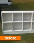 White wooden cubby shelf with ten compartments on grass, labeled "before."
