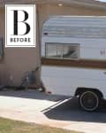Vintage white camper with brown stripe parked on driveway, labeled "Before."
