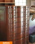 Tall wooden dresser with ornate handles in a cluttered room, labeled "before."
