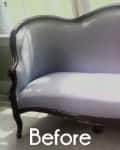 Antique sofa with curved wooden frame and light upholstery in front of windows, labeled "Before."