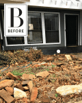 Front porch with gray siding, overgrown garden, stone path, and "Before" label.