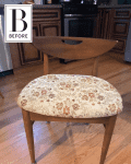 Wooden chair with floral-patterned cushion in a kitchen setting, labeled "Before."