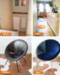 Hallway transformed into a colorful playroom with toys and shelves; black chair reupholstered in blue velvet.