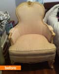 Ornate beige armchair with floral upholstery and wooden frame, labeled "before."