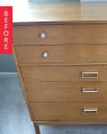 Wooden dresser with five drawers, silver knobs, and handles, labeled "Before" on the left side.