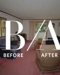 Living room before and after renovation with blue and beige furniture, large windows, and pink carpet.