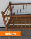 Wooden crib frame with vertical slats, labeled "before" in orange text.