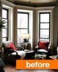 Two living rooms before renovation; left with brick fireplace, right with bay windows and red cushions.
