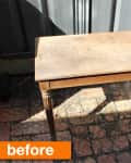 Worn wooden table with carved legs on a brick patio, labeled "before."