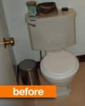 Small bathroom with beige toilet, white vanity, blue rug, and metal trash can, labeled "before."