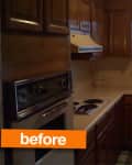 Dimly lit kitchen with wooden cabinets, double sink, and an oven, labeled "before" in orange text.