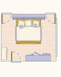 Bedroom floor plan with a double bed, two nightstands, a dresser, and a sofa at the foot of the bed.