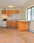 Empty kitchen with terracotta tile floor, wooden cabinets, small stove, and large window.