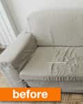 Worn beige sofa with torn fabric on seat and armrest, labeled "before."