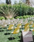 Outdoor wedding setup with yellow and white chairs, a wooden sunburst backdrop, and a "Married" sign on the grass.