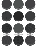 Twelve black paint swatches from various brands, including Behr, Benjamin Moore, and Sherwin-Williams.