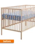 Wooden baby crib with a blue mattress featuring circular patterns, labeled "before" in orange.
