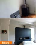 Bedroom transformation with a black partition wall, bed, and artwork on the wall.