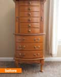 Wooden jewelry armoire with multiple drawers and brass handles, labeled "before" in orange.