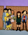 Group of animated high school students standing in front of lockers, each with distinct outfits and expressions.