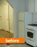 Small kitchen with white cabinets, stove, fridge, and sink, labeled "before" in orange text.
