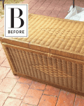 Wicker storage chest on a terracotta tile floor with a "Before" label.